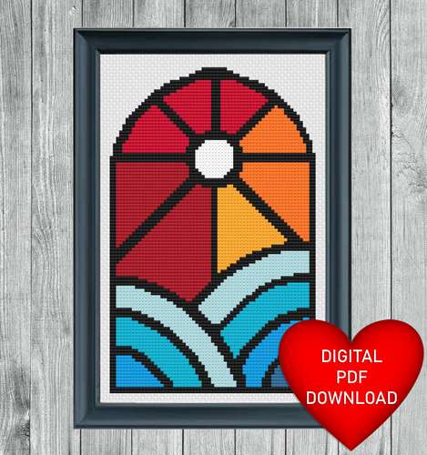Cross Stitch Pattern, Sun Water Stained Glass Window, Instant PDF Download, X Stitching, 14ct Aida, Embroidery, DMC