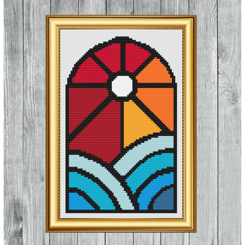 Sun Water Stained Glass Window Cross Stitch Gold Frame.jpg