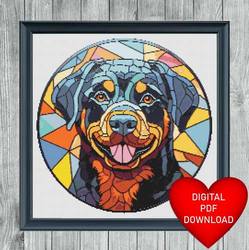 Cross Stitch Pattern, Stained Glass Style Rottweiler, Instant PDF Download, X Stitching, Embroidery, DMC Floss Threads