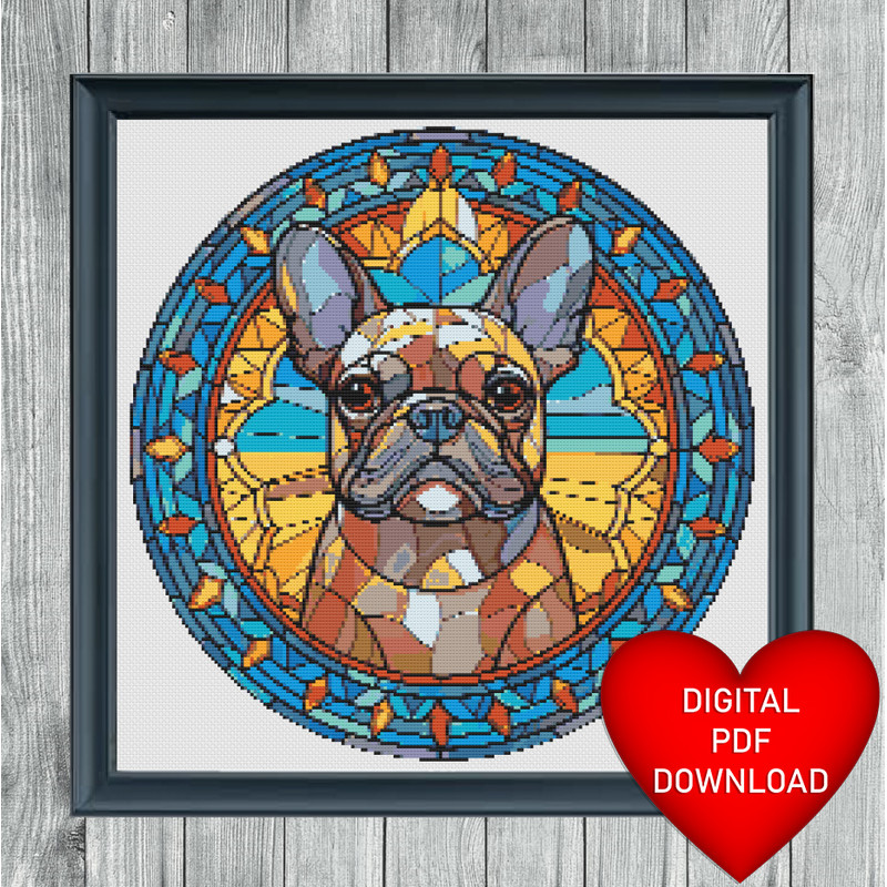 Stained Glass Style French Bulldog Cross Stitch Blue Heart Frame.jpg