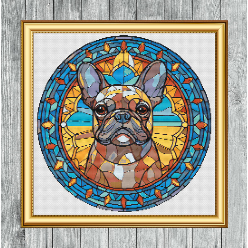 Stained Glass Style French Bulldog Cross Stitch Gold Frame.jpg