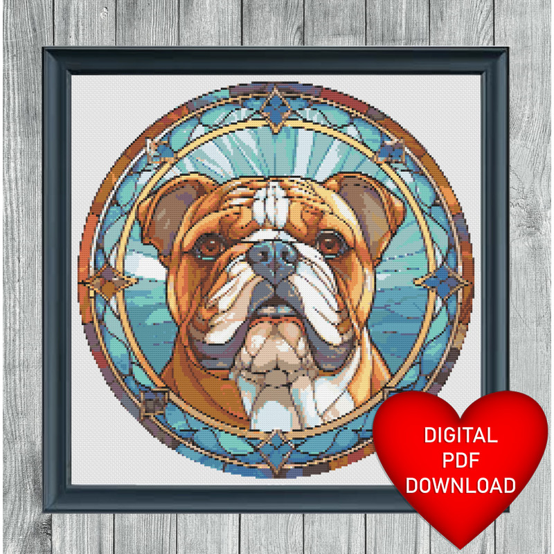 Stained Glass Style Bulldog Cross Stitch Blue Heart Frame.jpg