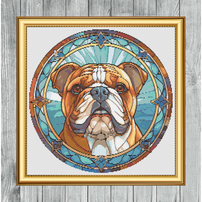 Stained Glass Style Bulldog Cross Stitch Gold Frame.jpg