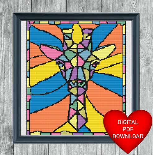 Cross Stitch Pattern, Stained Glass Style Giraffe, Instant PDF Download, X Stitching, 14ct Aida, Embroidery, DMC Floss