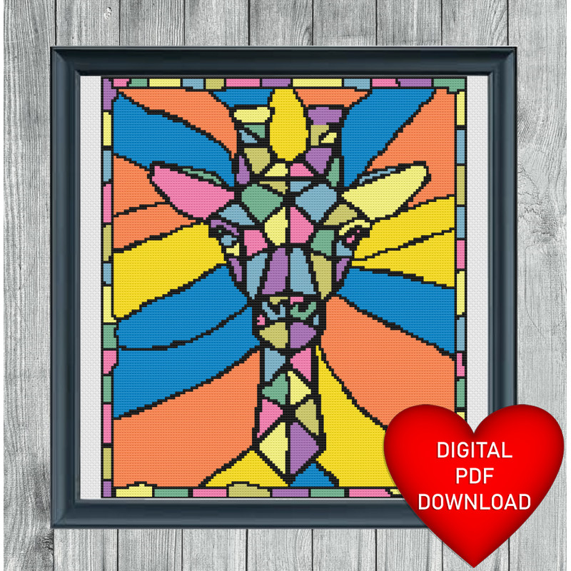 Stained Glass Style Giraffe Cross Stitch Blue Heart Frame.jpg