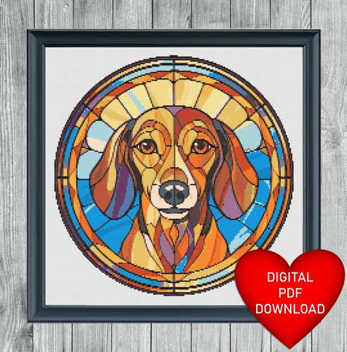 Cross Stitch Pattern, Stained Glass Style Dachshund Dog, Instant PDF Download, X Stitching, Embroidery, DMC Floss Thread