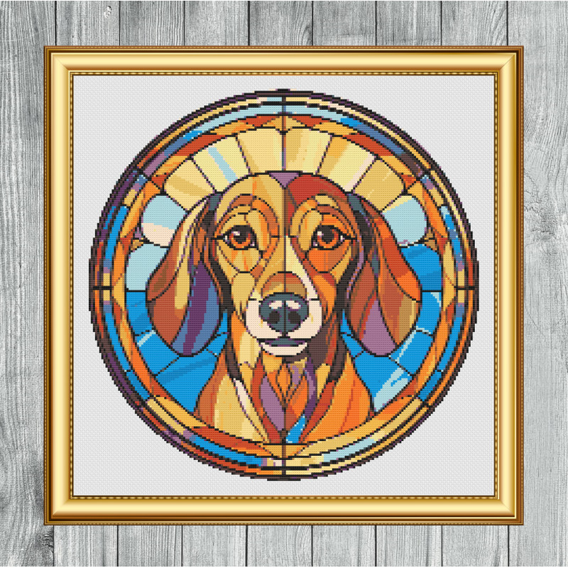 Stained Glass Style Dachshund Dog Cross Stitch Gold Frame.jpg