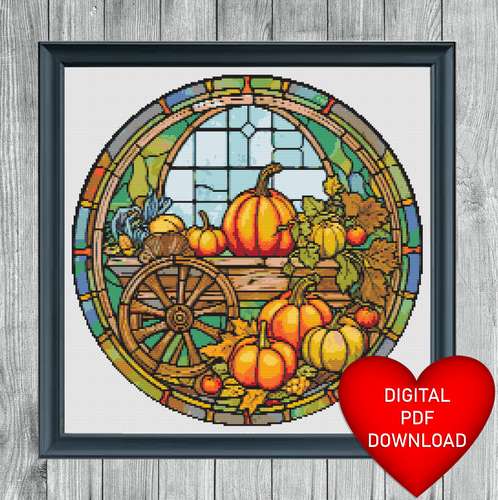 Cross Stitch Pattern, Stained Glass Style Pumpkin Cart, Instant PDF Download, Embroidery, DMC Floss Threads, 14ct Aida