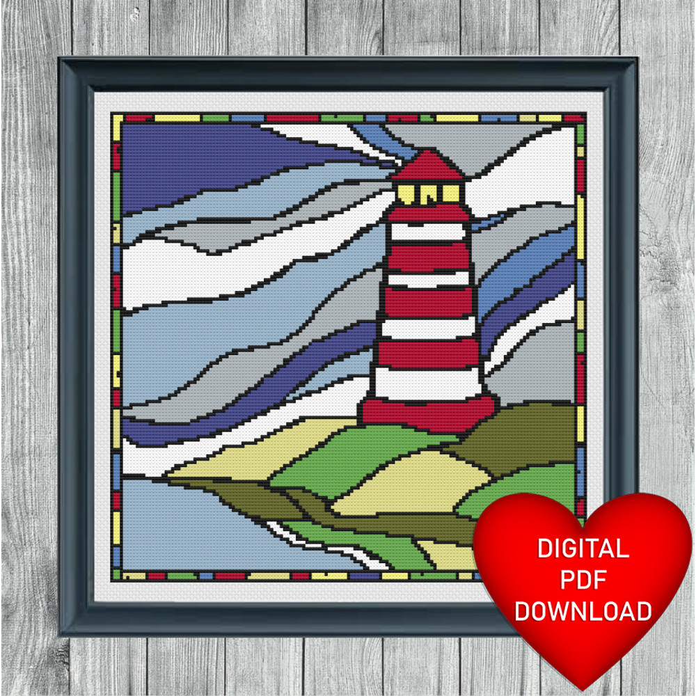 Red Lighthouse Stained Glass Cross Stitch Heart Blue Frame.jpg