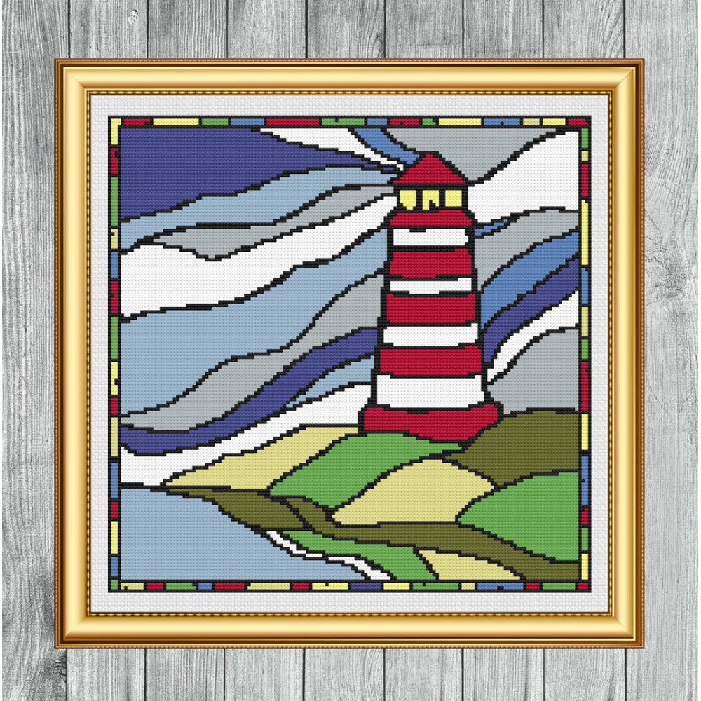 Red Lighthouse Stained Glass Cross Stitch Gold Frame.jpg