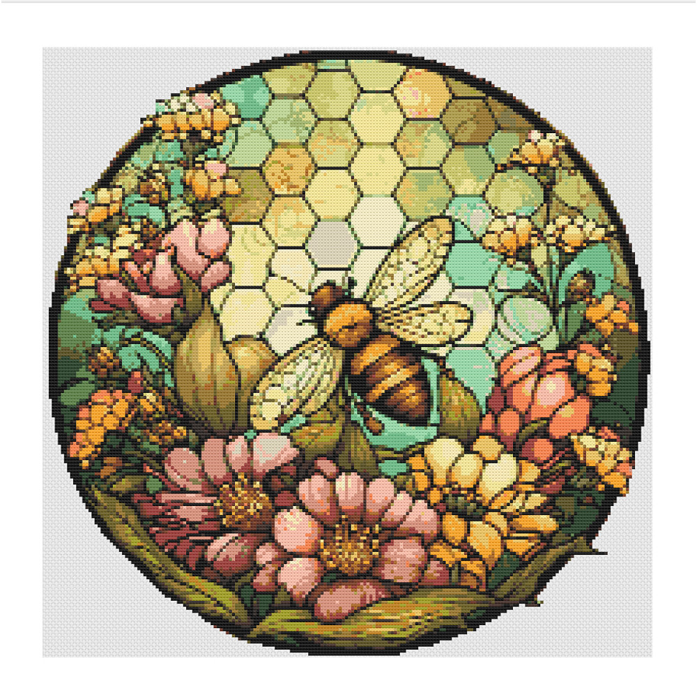Bee Flowers Stained Glass Cross Stitch.jpg