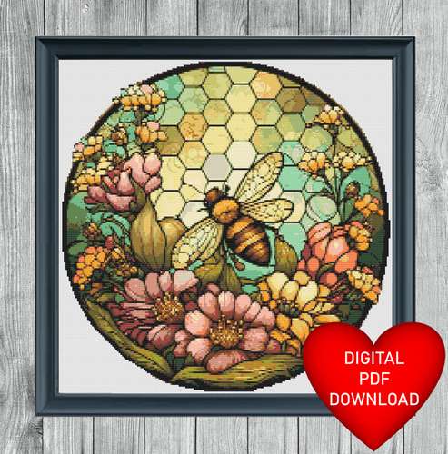 Cross Stitch Pattern Bee and Flowers Stained Glass Window, Instant PDF Download, X Stitch Pattern, 14ct Aida, Embroidery