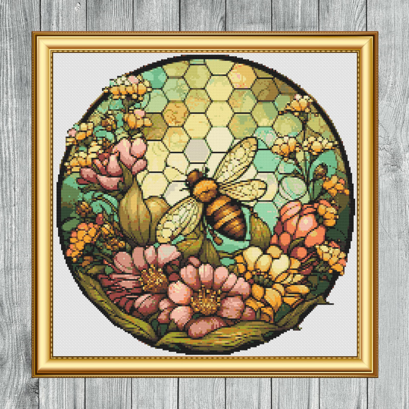 Bee Flowers Stained Glass Cross Stitch Gold Frame.jpg