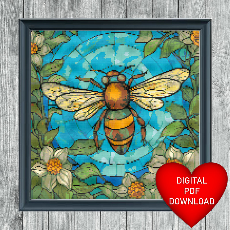 Bee Stained Glass Window Cross Stitch Blue Frame Heart.jpg