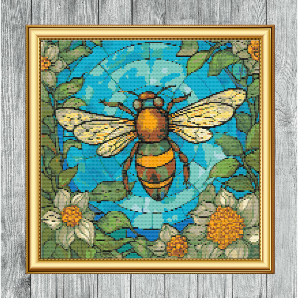 Bee Stained Glass Window Cross Stitch Gold Frame.jpg