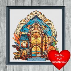 cross stitch pattern house stained glass window style art, instant pdf download, x stitching, 14ct aida, embroidery, dmc