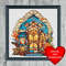 Stained Glass House Cross Stitch Heart Blue Frame.jpg