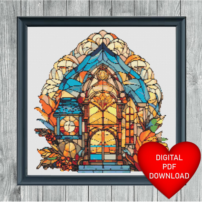 Stained Glass House Cross Stitch Heart Blue Frame.jpg