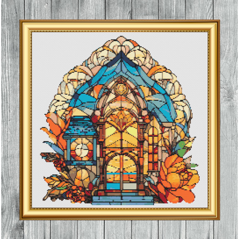 Stained Glass House Cross Stitch Gold Frame.jpg