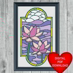 cross stitch pattern lotus flower stained glass window art, instant pdf download, x stitching, embroidery, dmc floss thr