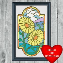 cross stitch pattern sunflowers stained glass window art, instant pdf download, x stitching, embroidery, dmc floss