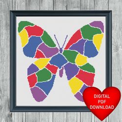 cross stitch pattern butterfly stained glass style window art, instant pdf download, x stitching, embroidery, dmc floss
