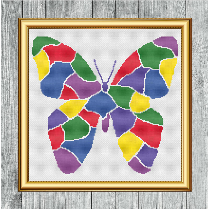 Butterfly Pattern Stained Glass Style Cross Stitch Gold Frame.jpg