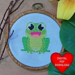 green sitting frog cross stitch pattern, instant pdf download, x stitching, 14ct aida, embroidery, dmc threads, animal