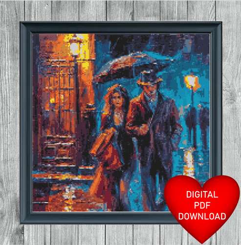Walking in the Rain Art Painting Cross Stitching Pattern, Instant PDF Download, 14ct Aida, Embroidery, DMC Floss Threads