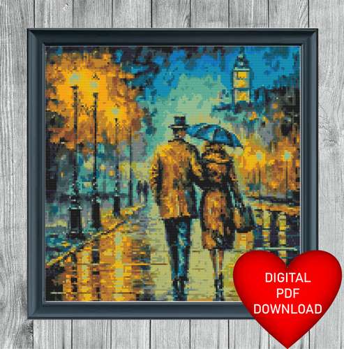 Walking in London Fine Art Painting Cross Stitching Pattern, Instant PDF Download, 14ct Aida, Embroidery, DMC Floss