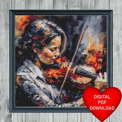 girl playing violin oil painting style cross stitching pattern, instant pdf download, 14ct aida, embroidery, dmc floss