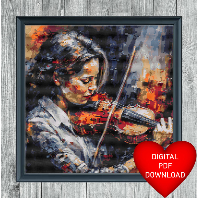 Girl Playing Violin Oil Painting Style Cross Stitch Blue Frame.jpg