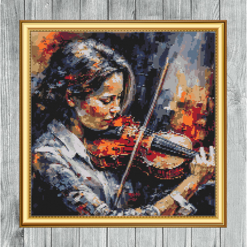 Girl Playing Violin Oil Painting Style Cross Stitch Gold Frame.jpg