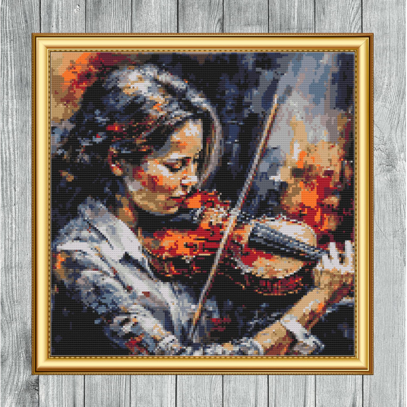 Girl Playing Violin Oil Painting Style Cross Stitch Gold Frame.jpg
