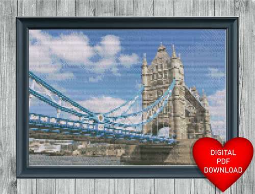 Tower Bridge London England, Cross Stitch Pattern, Instant PDF Download, X Stitch Pattern, 14ct Aida, Embroidery, DMC