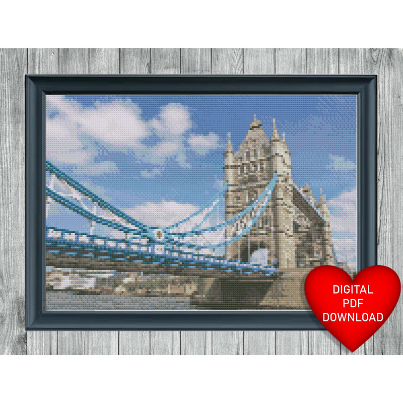 Tower Bridge London Cross Stitch Blue Heart Frame.jpg