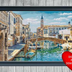 chioggia canal view venice cross stitch pattern, instant pdf download, x stitching, 14ct aida, embroidery thread, dmc