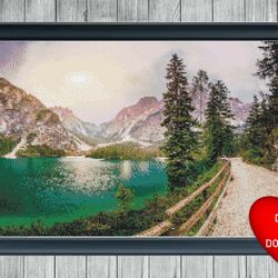 mountain lake view cross stitch pattern, instant pdf download, x stitching, 14ct aida, embroidery threads, dmc floss