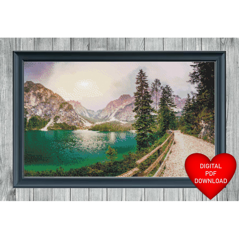 Mountain Lake View Cross Stitch Blue Heart Frame.jpg