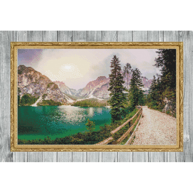 Mountain Lake View Cross Stitch Gold Frame.jpg