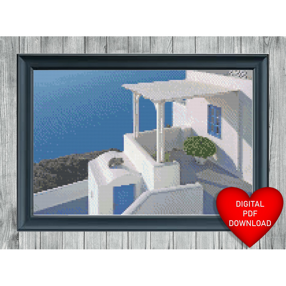 Villa Patio in Santorini Greece Cross Stitch Blue Heart Frame.jpg