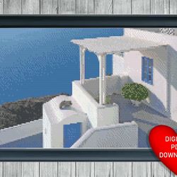 villa patio in santorini greece cross stitch pattern, instant pdf download, x stitching, 14ct aida, embroidery threads