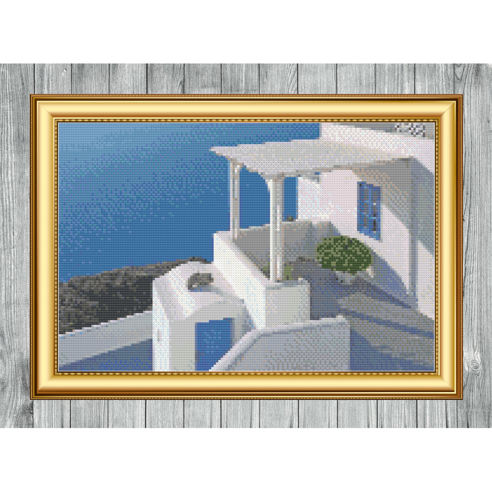 Villa Patio in Santorini Greece Cross Stitch Gold Frame.jpg
