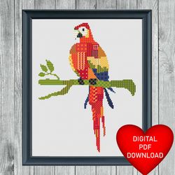 cross stitch pattern red patchwork parrot, instant pdf download, x stitching, 14ct aida, embroidery, dmc floss threads