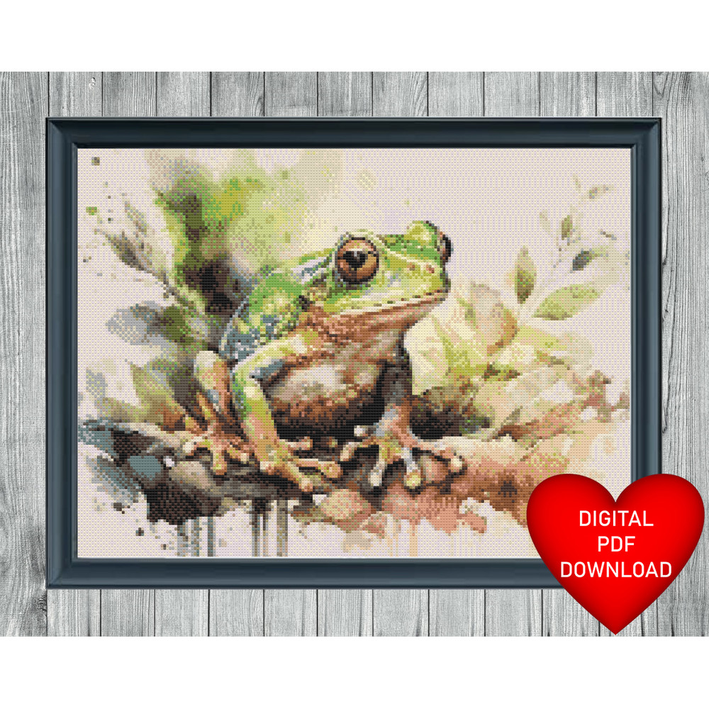 Watercolour Style Frog Cross Stitch Blue Frame.jpg