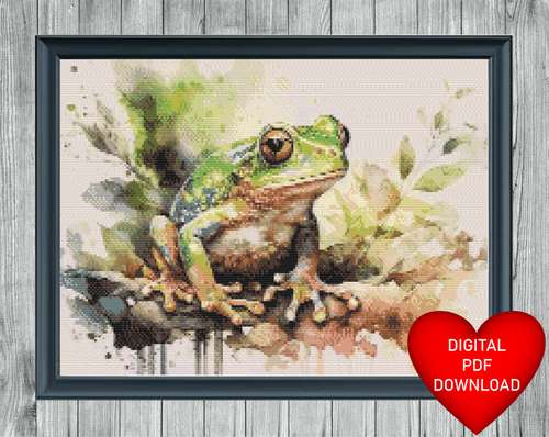 Watercolour Style Frog Cross Stitch Pattern, Instant PDF Download, X Stitching, 14ct Aida, Embroidery, DMC Floss Threads