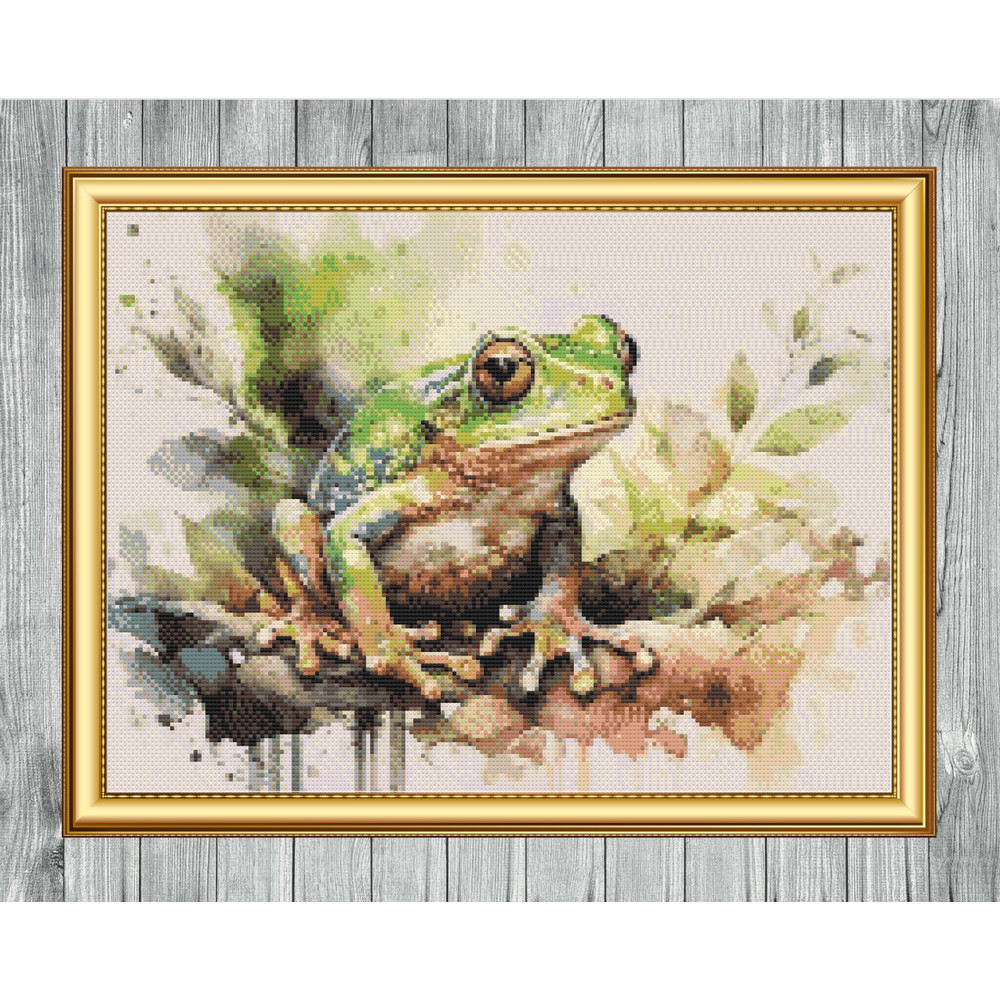 Watercolour Style Frog Cross Stitch Gold Frame.jpg