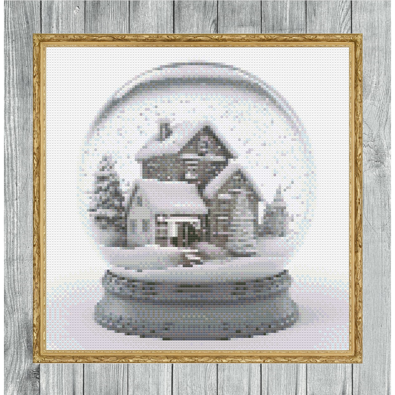 Small Village Snow Globe Cross Stitch Gold Frame.jpg