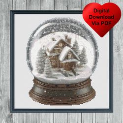 winter house snow globe cross stitch pattern, instant pdf download, x stitching, 14ct aida, embroidery, dmc threads, win