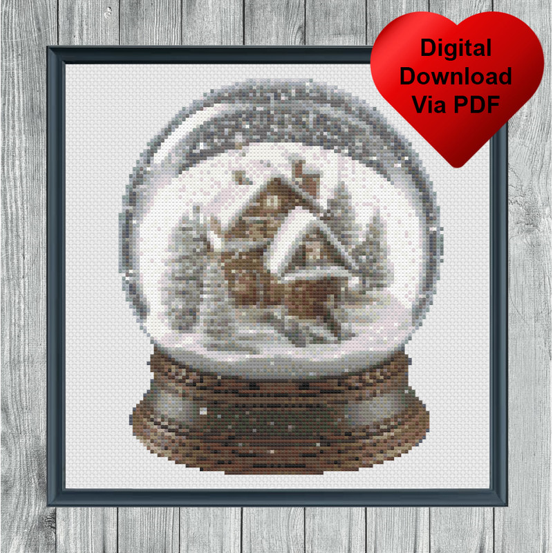 Winter House Snow Globe Cross Stitch Blue Frame.jpg
